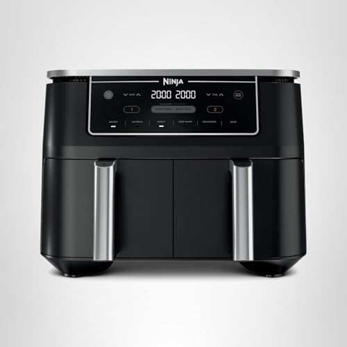Ninja DZ302 Air Fryer: 10QT dual basket, cook two foods at once, 6-in-1 functions, powerful and efficient cooking.