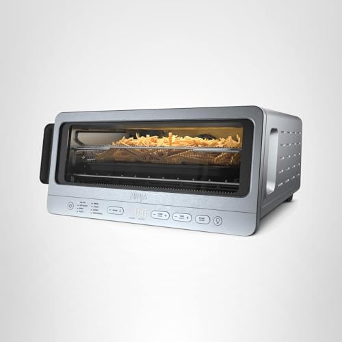 Ninja SP151 Oven: 8-in-1 air fryer toaster oven, flip-up design, space-saving, includes basket, pan, and rack.