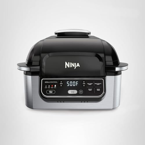 Ninja Foodi AG301 Grill: 5-in-1 indoor grill, air fry, roast, bake, dehydrate, smoke control, easy cleaning design.