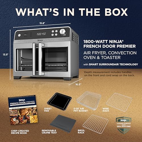 Ninja FO101 Oven: French door air fryer oven, 10-in-1 functions, 20QT capacity, dishwasher-safe accessories.