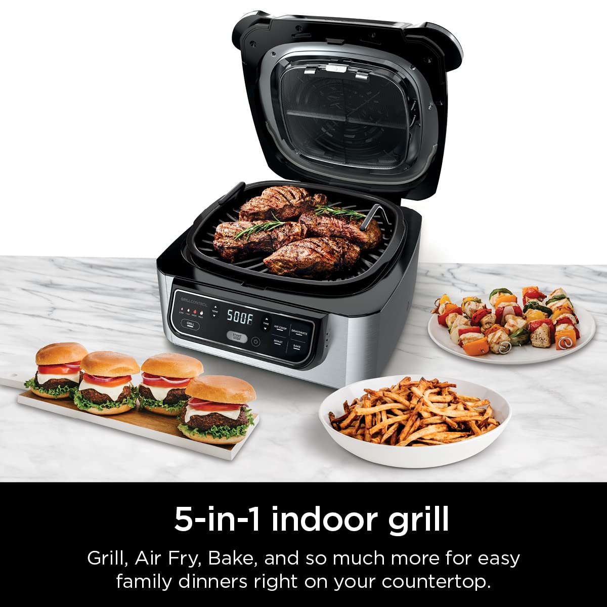 Ninja Foodi AG301 Grill: 5-in-1 indoor grill, air fry, roast, bake, dehydrate, smoke control, easy cleaning design.