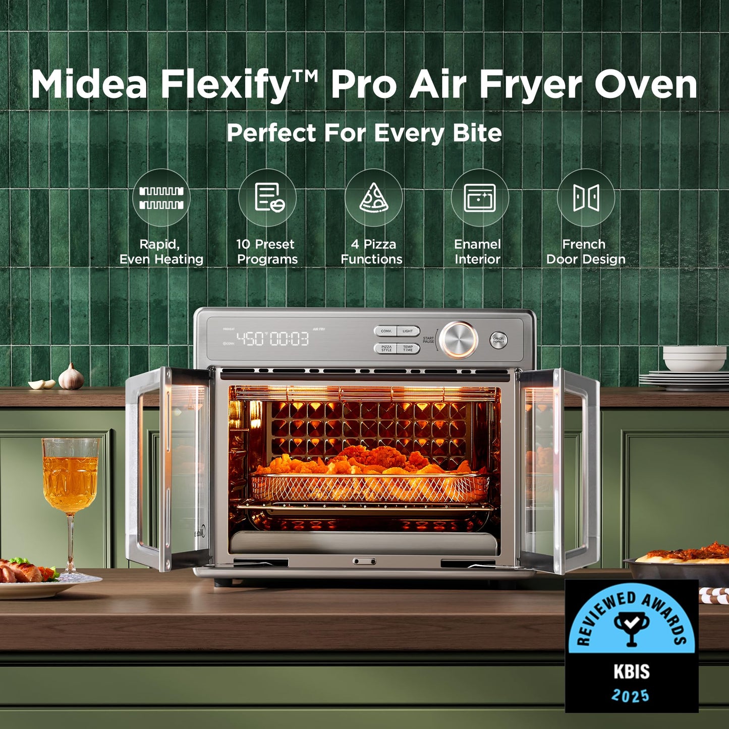 Midea Flexify Pro Oven: air fryer combo, 26.4QT capacity, 450°F fast cooking, French door design, versatile countertop oven.
