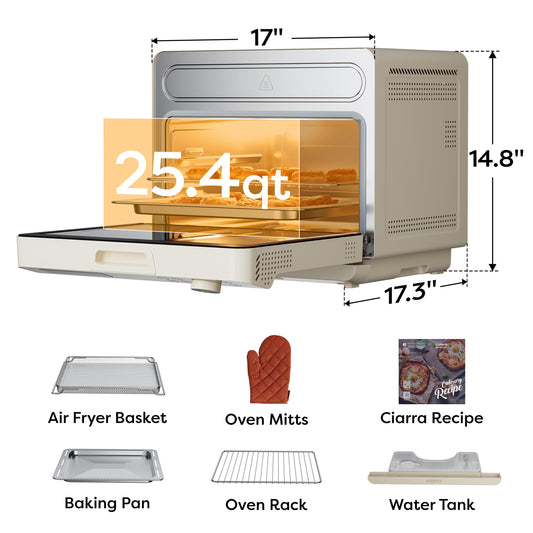 CIARRA 12-in-1 Steam Oven: air fryer combo with steam, 25QT capacity, bake, ferment, dehydrate, self-clean, modern white design.