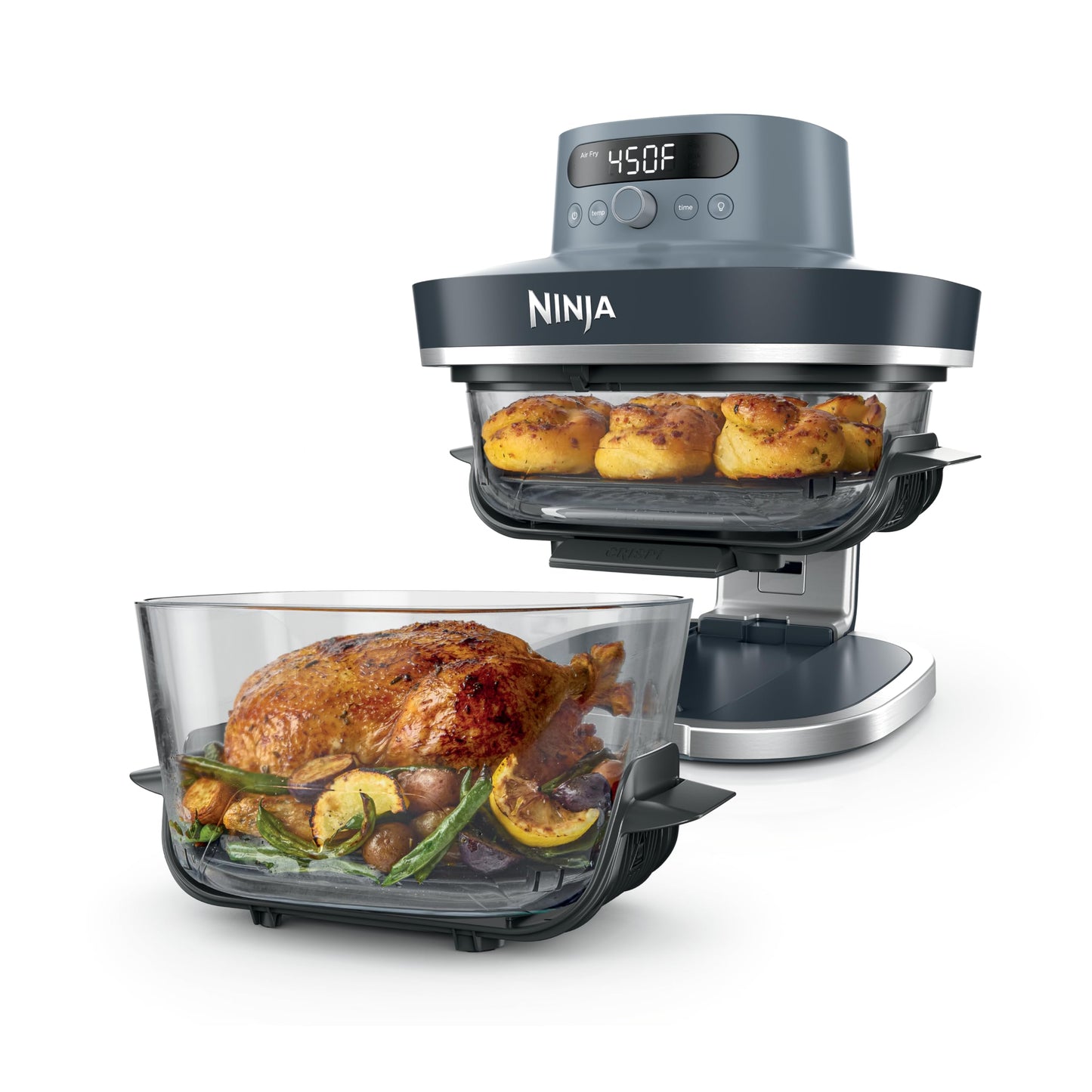 Ninja Crispi Pro: 6-in-1 glass air fryer, 450°F max heat, multi-use containers, safe and versatile cooking.