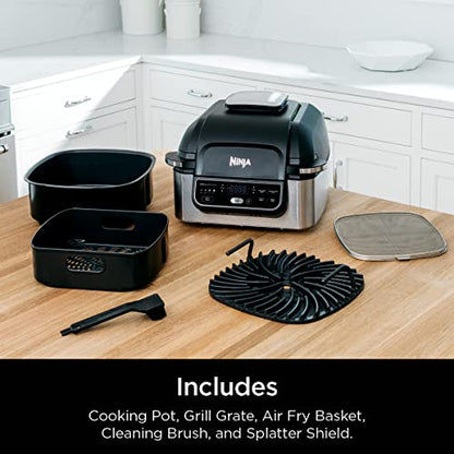 Ninja Foodi AG301 Grill: 5-in-1 indoor grill, air fry, roast, bake, dehydrate, smoke control, easy cleaning design.