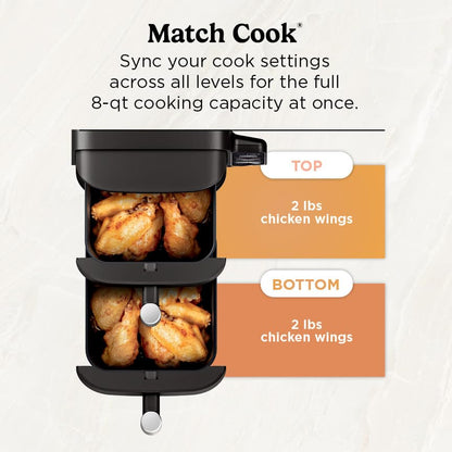 Ninja SL201 Air Fryer: 8QT dual basket, space-saving, 6-in-1 cooking, ideal for family meals, easy cleaning.