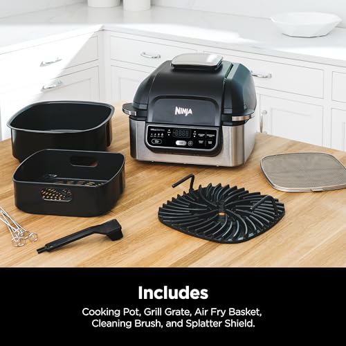 Ninja Foodi AG301 Grill: 5-in-1 indoor grill, air fry, roast, bake, dehydrate, smoke control, easy cleaning design.