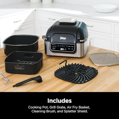 Ninja Foodi AG301 Grill: 5-in-1 indoor grill, air fry, roast, bake, dehydrate, smoke control, easy cleaning design.