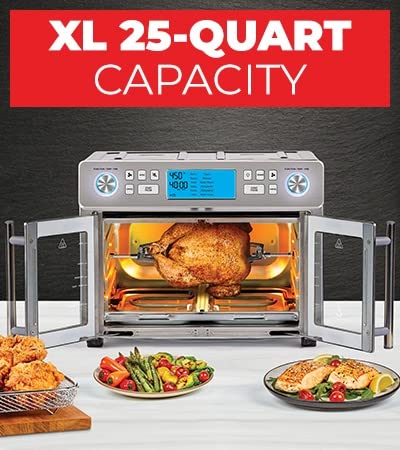 Emeril Lagasse Dual Zone Oven: 25QT air fryer oven, dual cooking zones, fast cooking, French doors, large capacity.