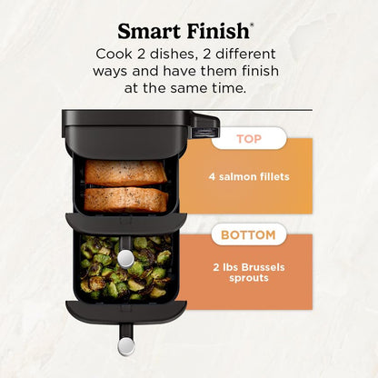 Ninja SL201 Air Fryer: 8QT dual basket, space-saving, 6-in-1 cooking, ideal for family meals, easy cleaning.
