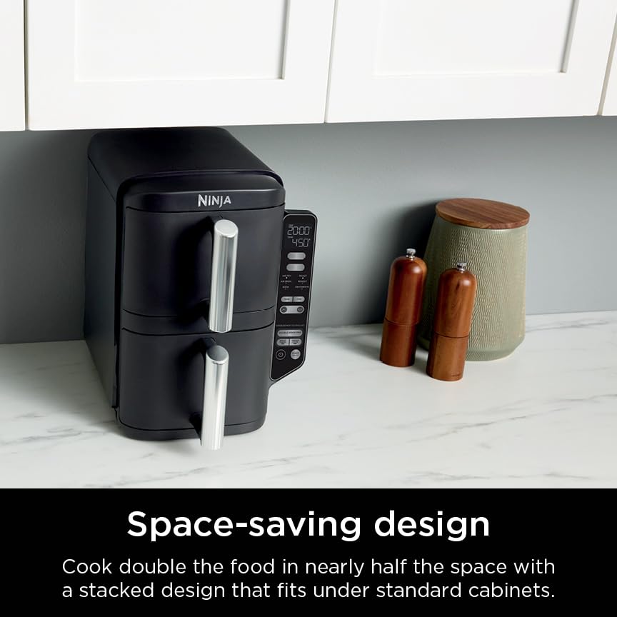 Ninja SL201 Air Fryer: 8QT dual basket, space-saving, 6-in-1 cooking, ideal for family meals, easy cleaning.