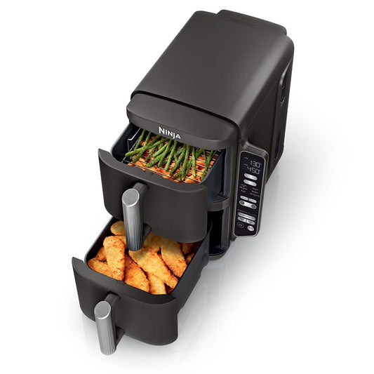 Ninja SL201 Air Fryer: 8QT dual basket, space-saving, 6-in-1 cooking, ideal for family meals, easy cleaning.