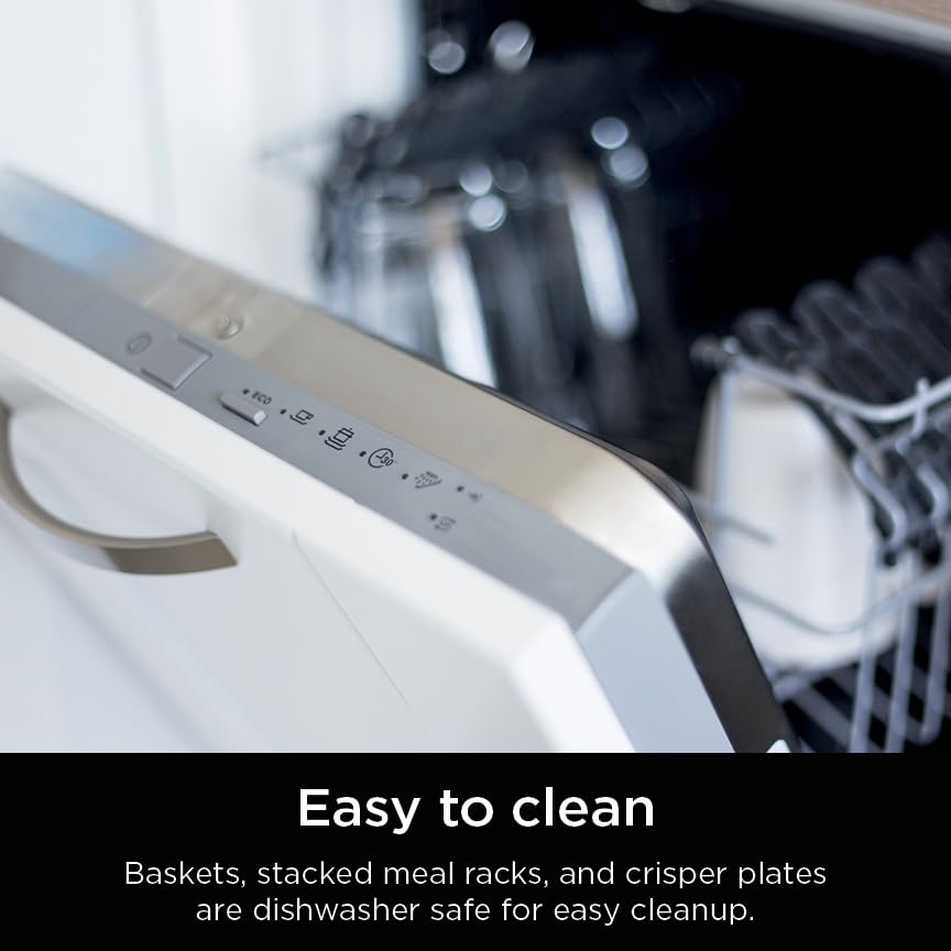 Ninja SL201 Air Fryer: 8QT dual basket, space-saving, 6-in-1 cooking, ideal for family meals, easy cleaning.