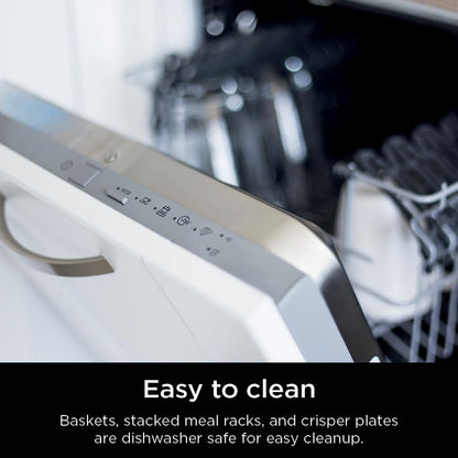 Ninja SL201 Air Fryer: 8QT dual basket, space-saving, 6-in-1 cooking, ideal for family meals, easy cleaning.