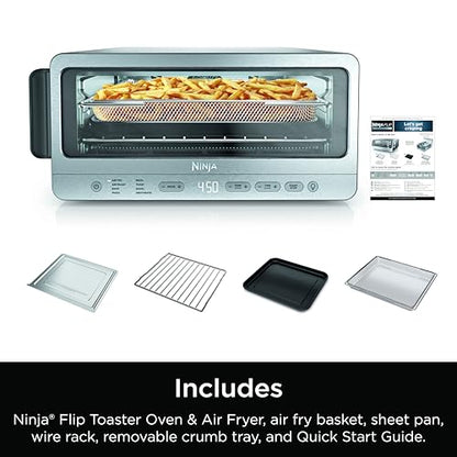 Ninja SP151 Oven: 8-in-1 air fryer toaster oven, flip-up design, space-saving, includes basket, pan, and rack.