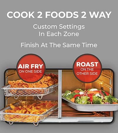 Emeril Lagasse Dual Zone Oven: 25QT air fryer oven, dual cooking zones, fast cooking, French doors, large capacity.