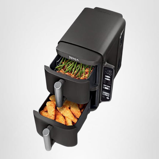 Ninja SL201 Air Fryer: 8QT dual basket, space-saving, 6-in-1 cooking, ideal for family meals, easy cleaning.