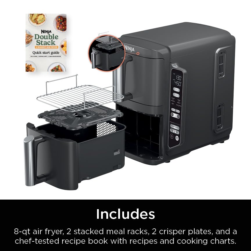 Ninja SL201 Air Fryer: 8QT dual basket, space-saving, 6-in-1 cooking, ideal for family meals, easy cleaning.