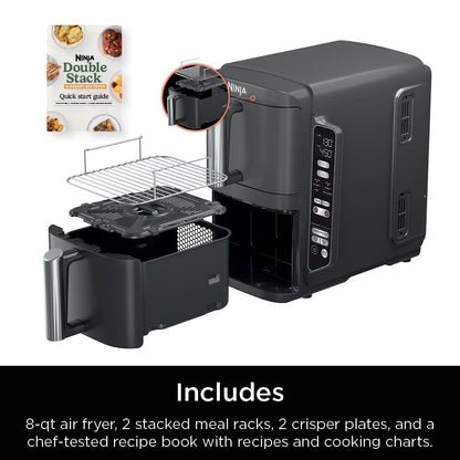 Ninja SL201 Air Fryer: 8QT dual basket, space-saving, 6-in-1 cooking, ideal for family meals, easy cleaning.