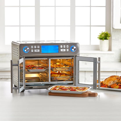Emeril Lagasse Dual Zone Oven: 25QT air fryer oven, dual cooking zones, fast cooking, French doors, large capacity.