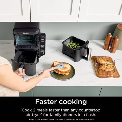 Ninja SL201 Air Fryer: 8QT dual basket, space-saving, 6-in-1 cooking, ideal for family meals, easy cleaning.