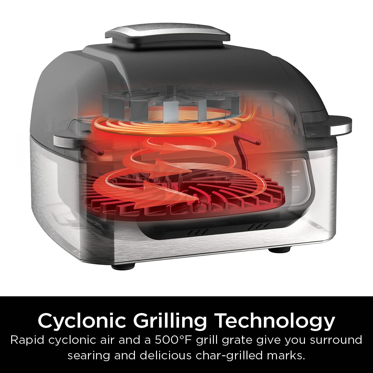 Ninja Foodi AG301 Grill: 5-in-1 indoor grill, air fry, roast, bake, dehydrate, smoke control, easy cleaning design.