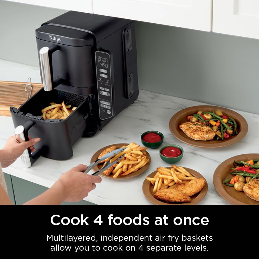 Ninja SL201 Air Fryer: 8QT dual basket, space-saving, 6-in-1 cooking, ideal for family meals, easy cleaning.