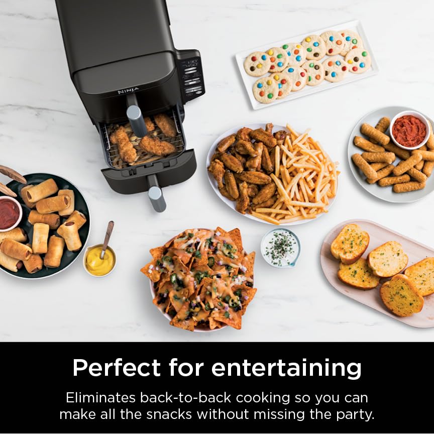 Ninja SL201 Air Fryer: 8QT dual basket, space-saving, 6-in-1 cooking, ideal for family meals, easy cleaning.