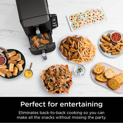 Ninja SL201 Air Fryer: 8QT dual basket, space-saving, 6-in-1 cooking, ideal for family meals, easy cleaning.