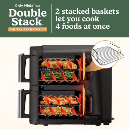 Ninja SL201 Air Fryer: 8QT dual basket, space-saving, 6-in-1 cooking, ideal for family meals, easy cleaning.
