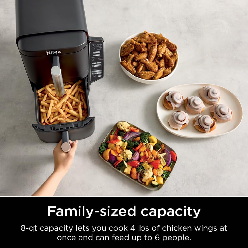 Ninja SL201 Air Fryer: 8QT dual basket, space-saving, 6-in-1 cooking, ideal for family meals, easy cleaning.