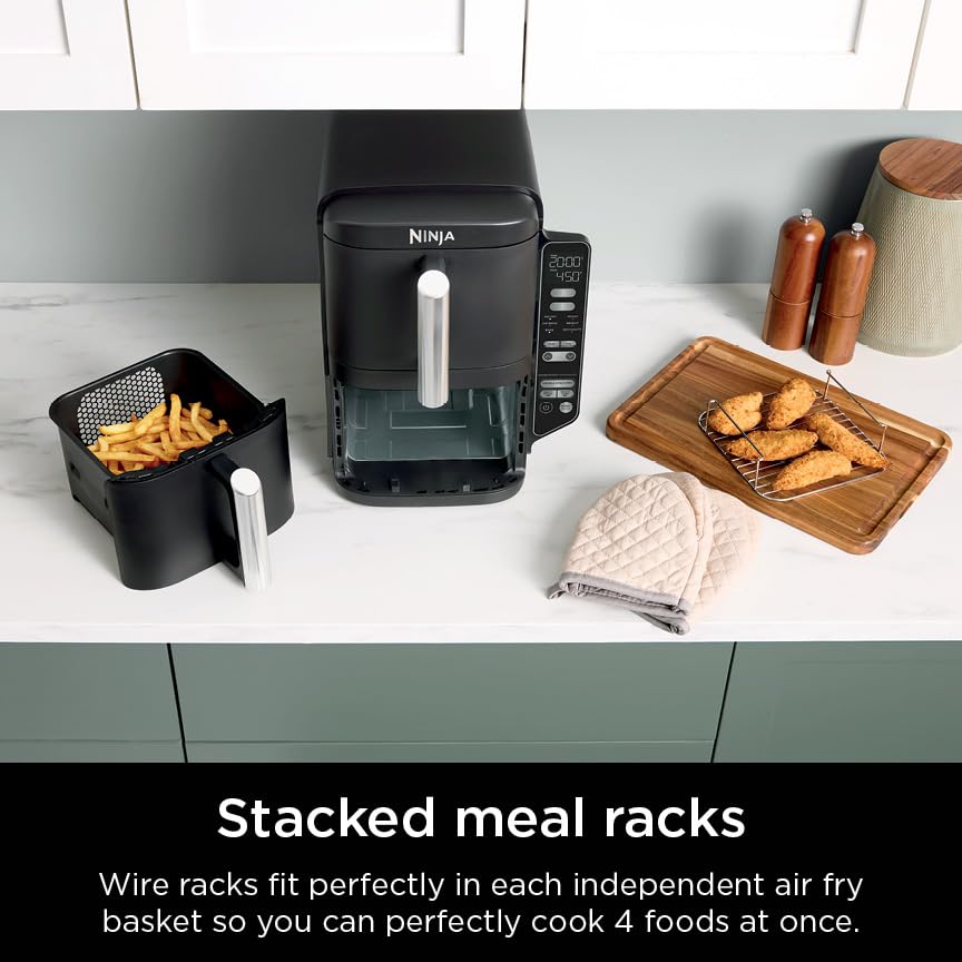 Ninja SL201 Air Fryer: 8QT dual basket, space-saving, 6-in-1 cooking, ideal for family meals, easy cleaning.