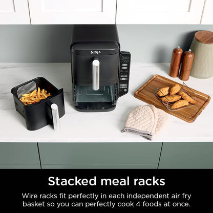 Ninja SL201 Air Fryer: 8QT dual basket, space-saving, 6-in-1 cooking, ideal for family meals, easy cleaning.