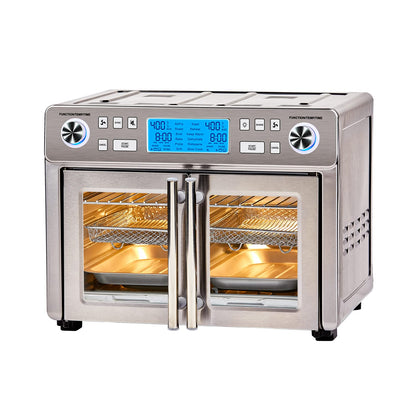 Emeril Lagasse Dual Zone Oven: 25QT air fryer oven, dual cooking zones, fast cooking, French doors, large capacity.