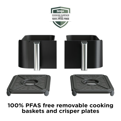 Ninja DZ302 Air Fryer: 10QT dual basket, cook two foods at once, 6-in-1 functions, powerful and efficient cooking.