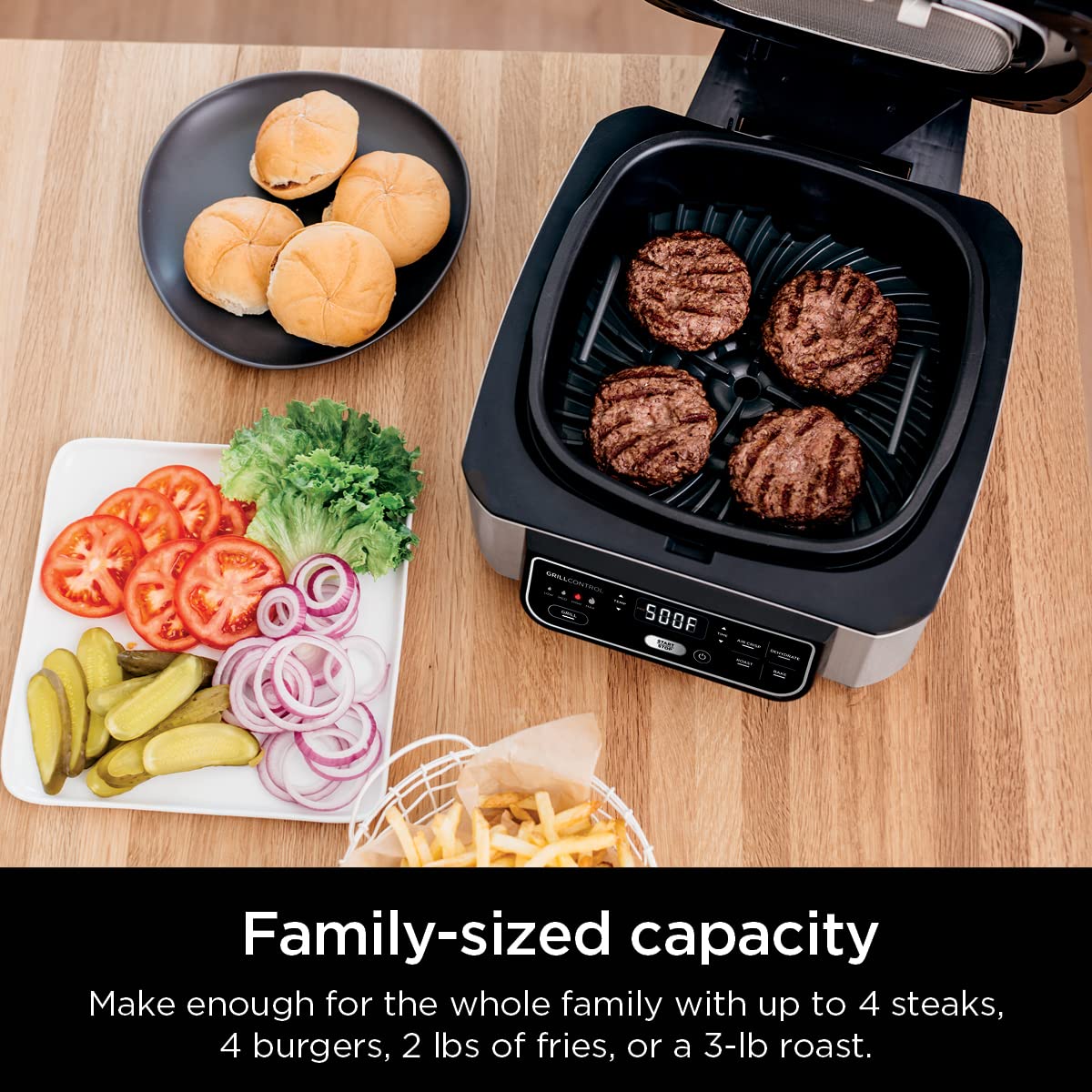 Ninja Foodi AG301 Grill: 5-in-1 indoor grill, air fry, roast, bake, dehydrate, smoke control, easy cleaning design.