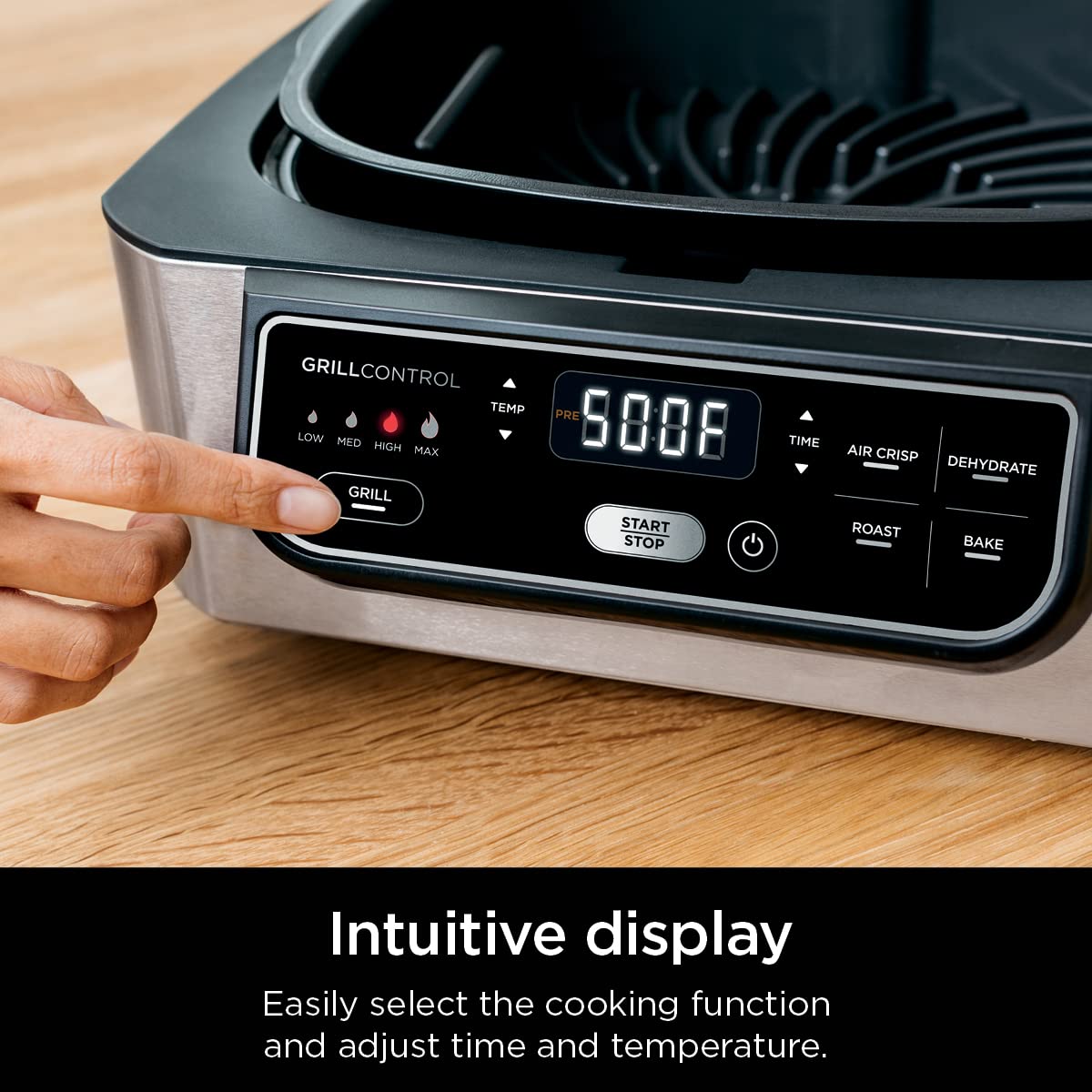 Ninja Foodi AG301 Grill: 5-in-1 indoor grill, air fry, roast, bake, dehydrate, smoke control, easy cleaning design.