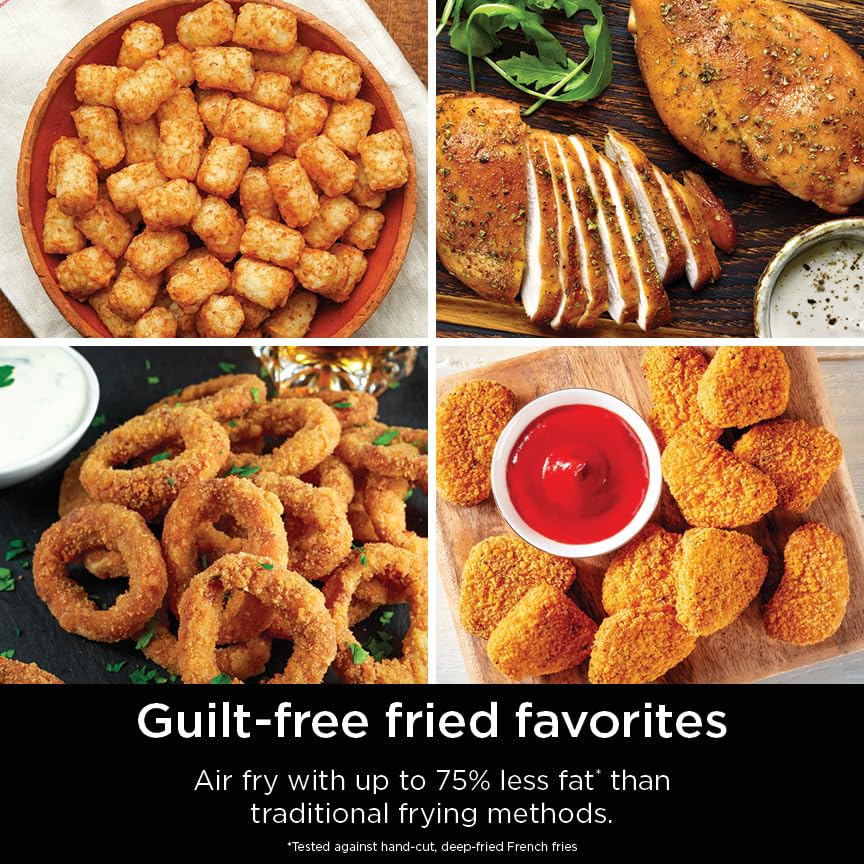 Ninja SL201 Air Fryer: 8QT dual basket, space-saving, 6-in-1 cooking, ideal for family meals, easy cleaning.