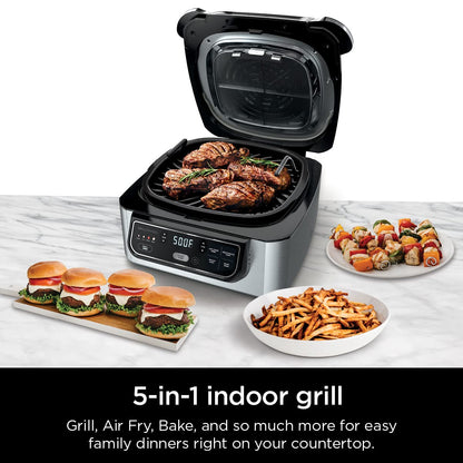 Ninja Foodi AG301 Grill: 5-in-1 indoor grill, air fry, roast, bake, dehydrate, smoke control, easy cleaning design.