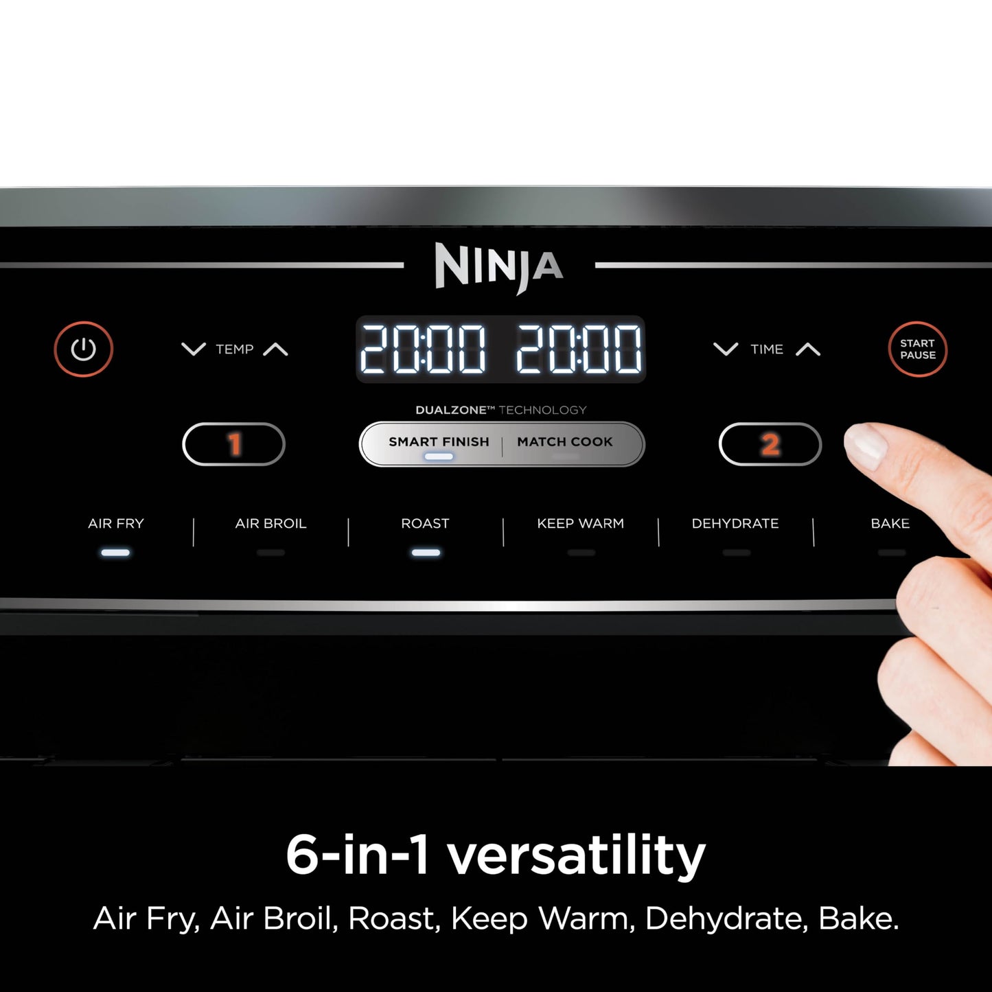 Ninja DZ302 Air Fryer: 10QT dual basket, cook two foods at once, 6-in-1 functions, powerful and efficient cooking.
