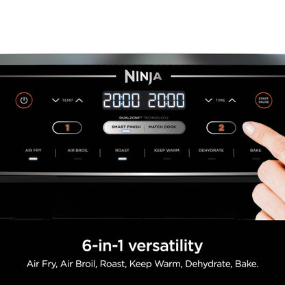 Ninja DZ302 Air Fryer: 10QT dual basket, cook two foods at once, 6-in-1 functions, powerful and efficient cooking.