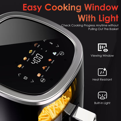 WHUTO Compact Air Fryer: 4.2QT, 9-in-1 functions, touchscreen, view window, compact and easy to use.