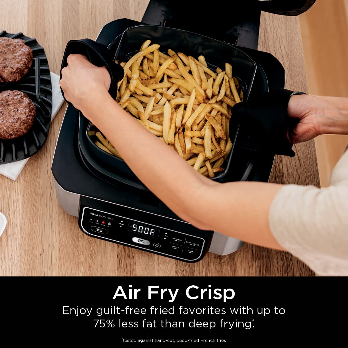 Ninja Foodi AG301 Grill: 5-in-1 indoor grill, air fry, roast, bake, dehydrate, smoke control, easy cleaning design.
