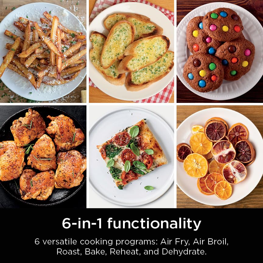 Ninja SL201 Air Fryer: 8QT dual basket, space-saving, 6-in-1 cooking, ideal for family meals, easy cleaning.