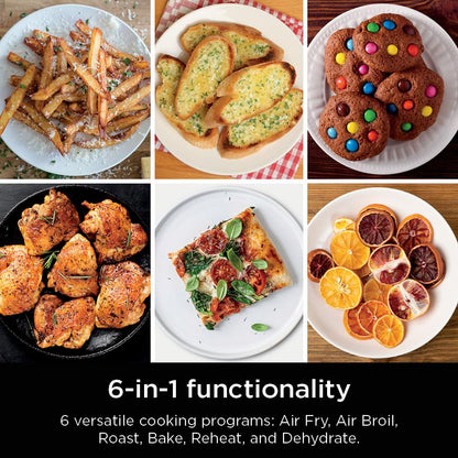 Ninja SL201 Air Fryer: 8QT dual basket, space-saving, 6-in-1 cooking, ideal for family meals, easy cleaning.
