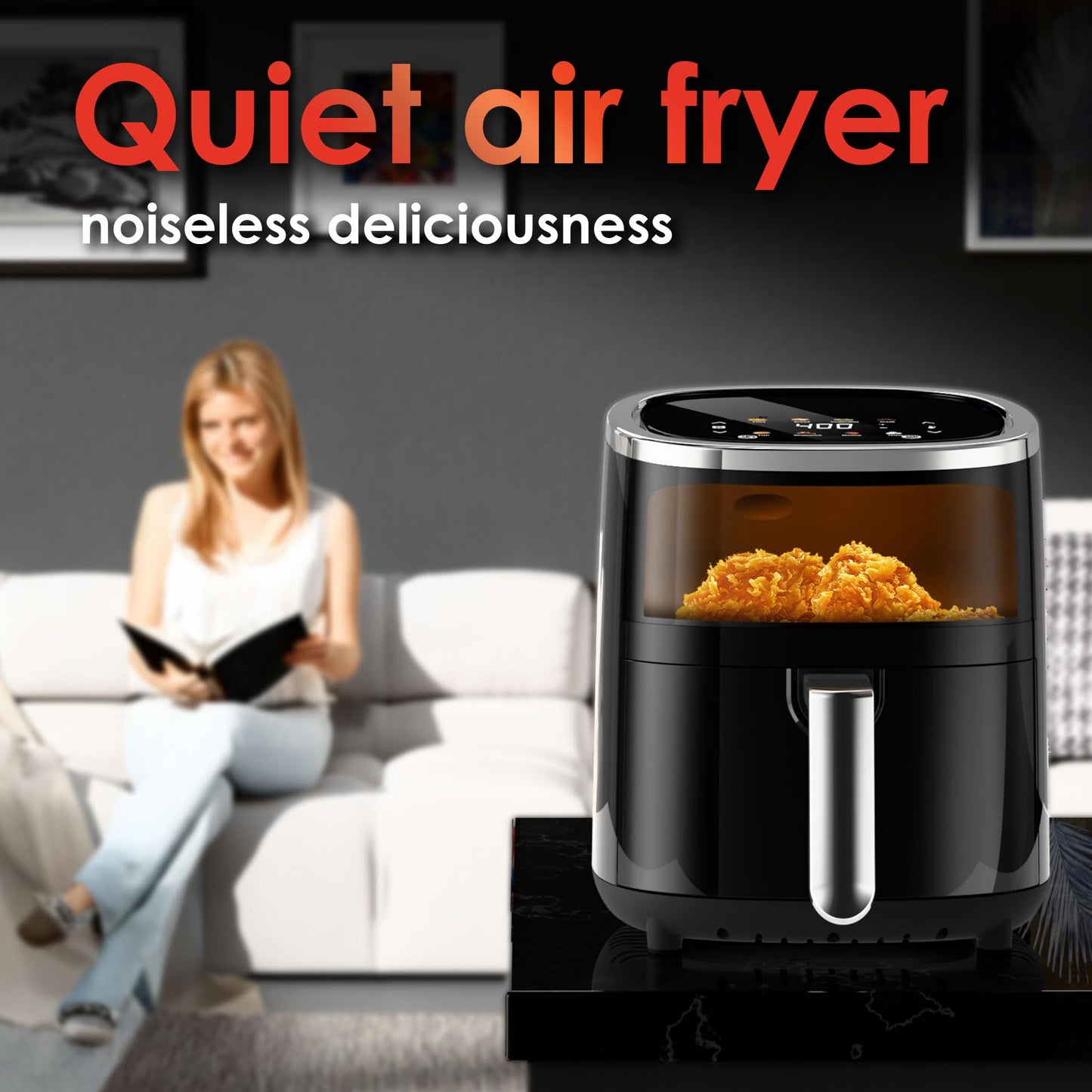 WHUTO Compact Air Fryer: 4.2QT, 9-in-1 functions, touchscreen, view window, compact and easy to use.