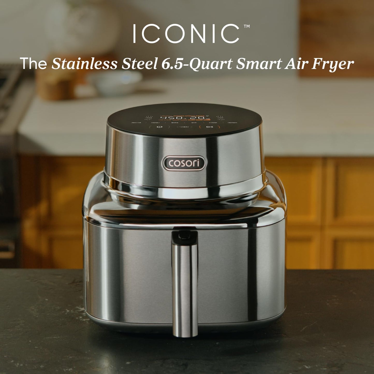 Cosori Iconic Air Fryer: 6.5QT, smart functions, PFAS-free coating, 450°F cooking, versatile and consistent results.