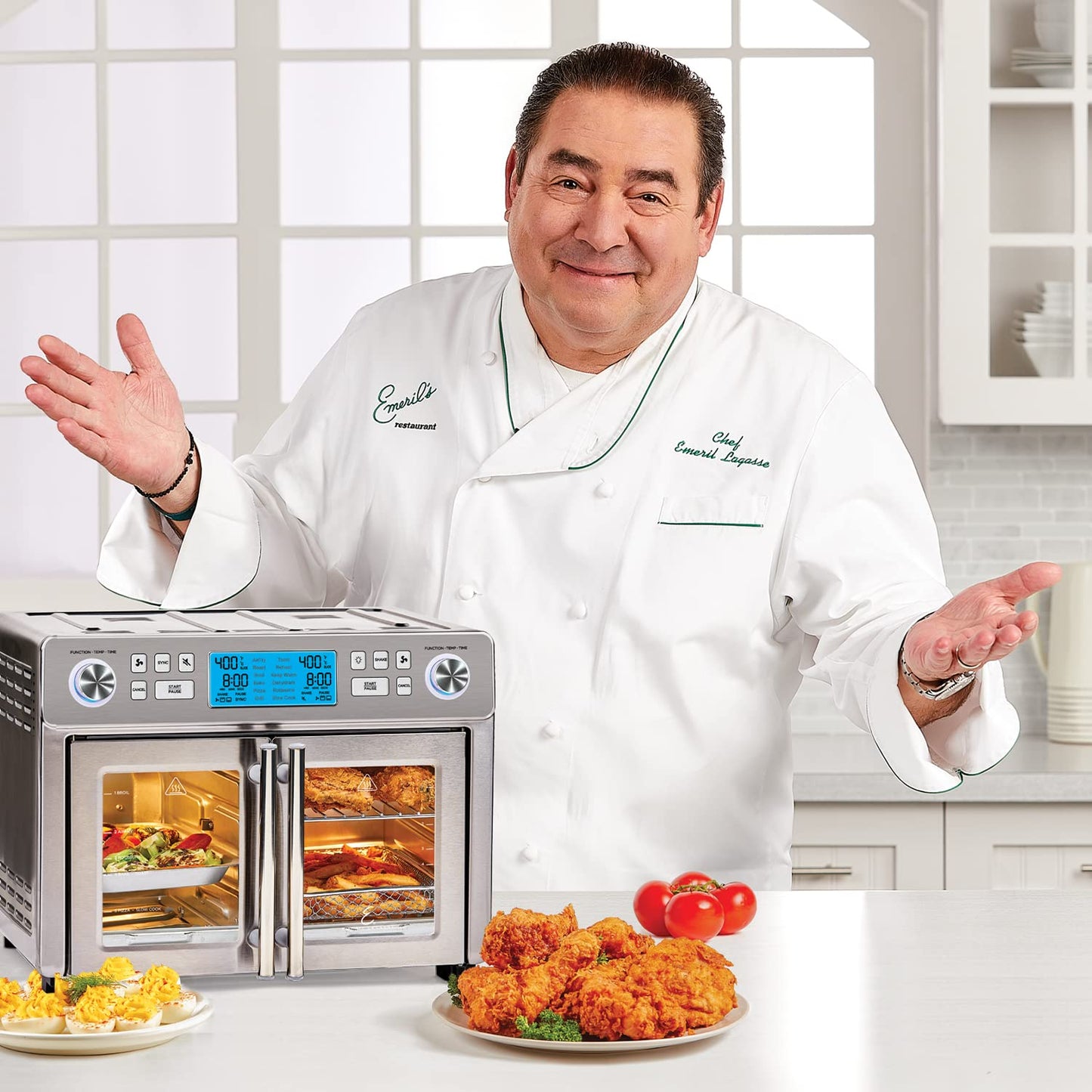 Emeril Lagasse Dual Zone Oven: 25QT air fryer oven, dual cooking zones, fast cooking, French doors, large capacity.