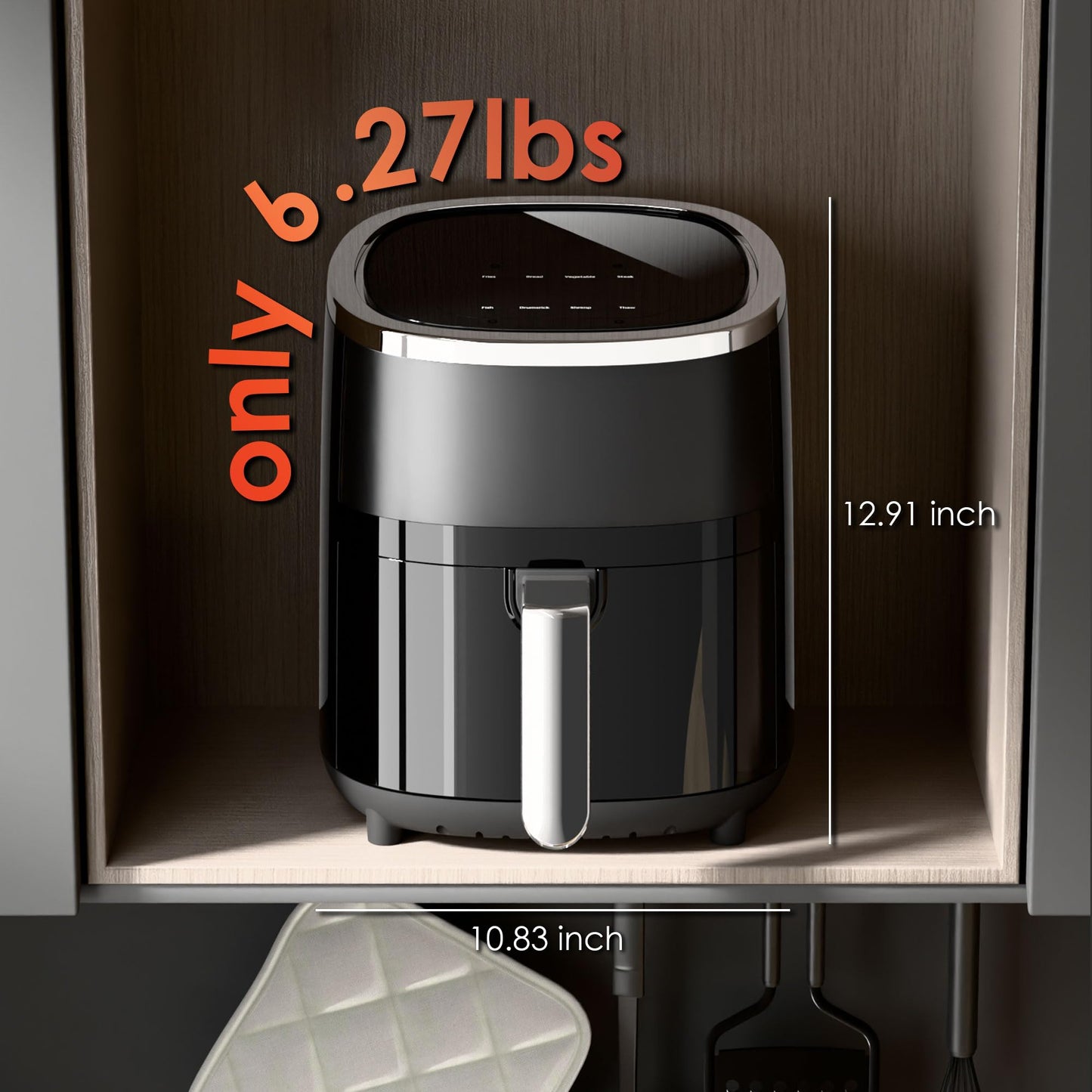 WHUTO Compact Air Fryer: 4.2QT, 9-in-1 functions, touchscreen, view window, compact and easy to use.