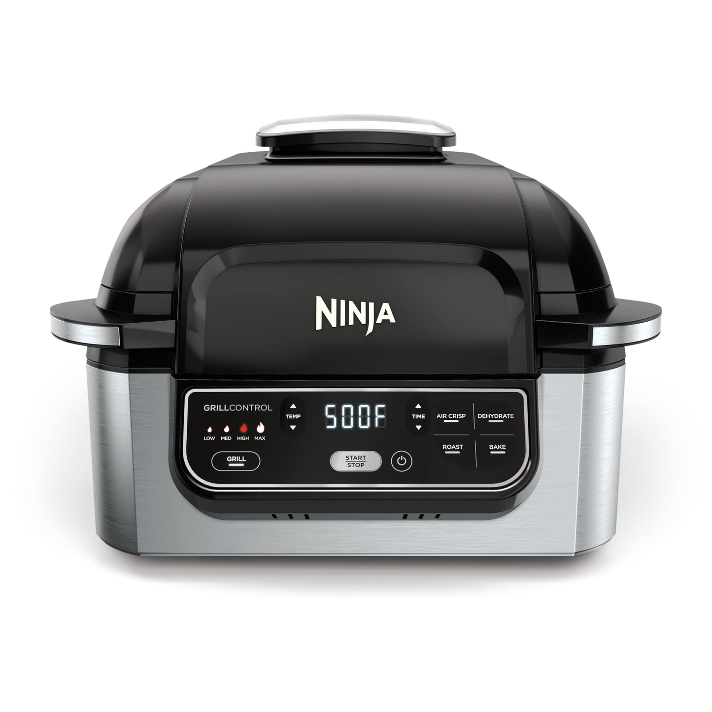Ninja Foodi AG301 Grill: 5-in-1 indoor grill, air fry, roast, bake, dehydrate, smoke control, easy cleaning design.